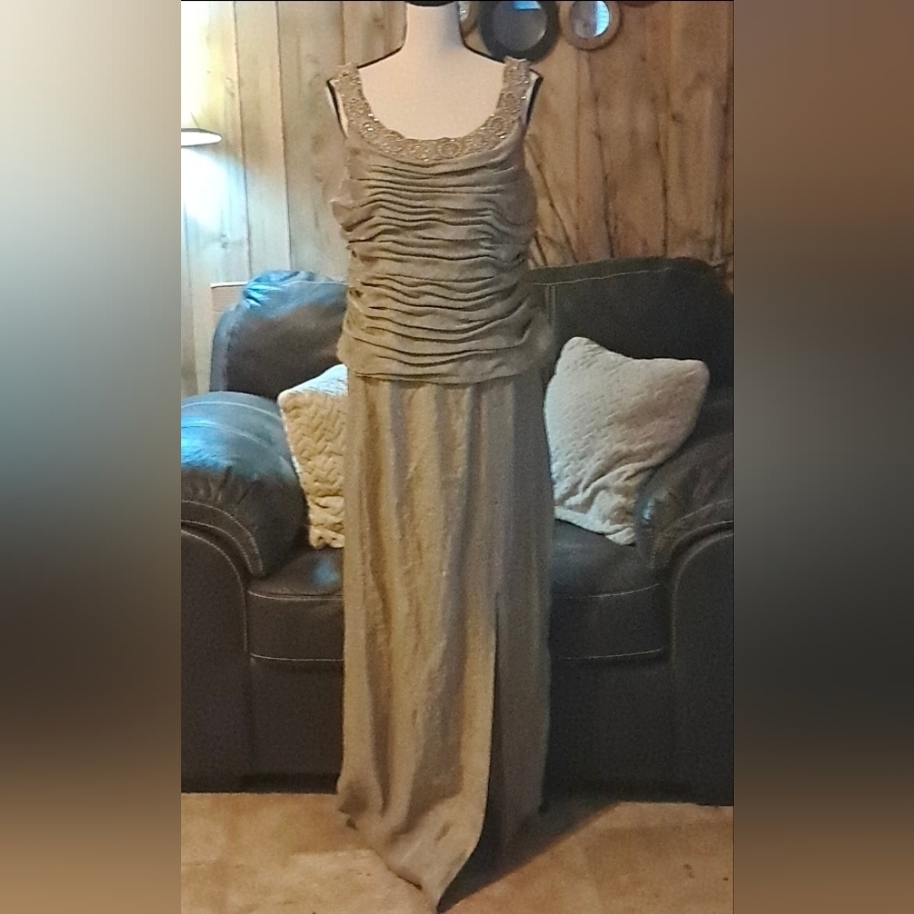 Gold Metallic Mother of the Bride Rosched Embellished Maxi Gown with Split
